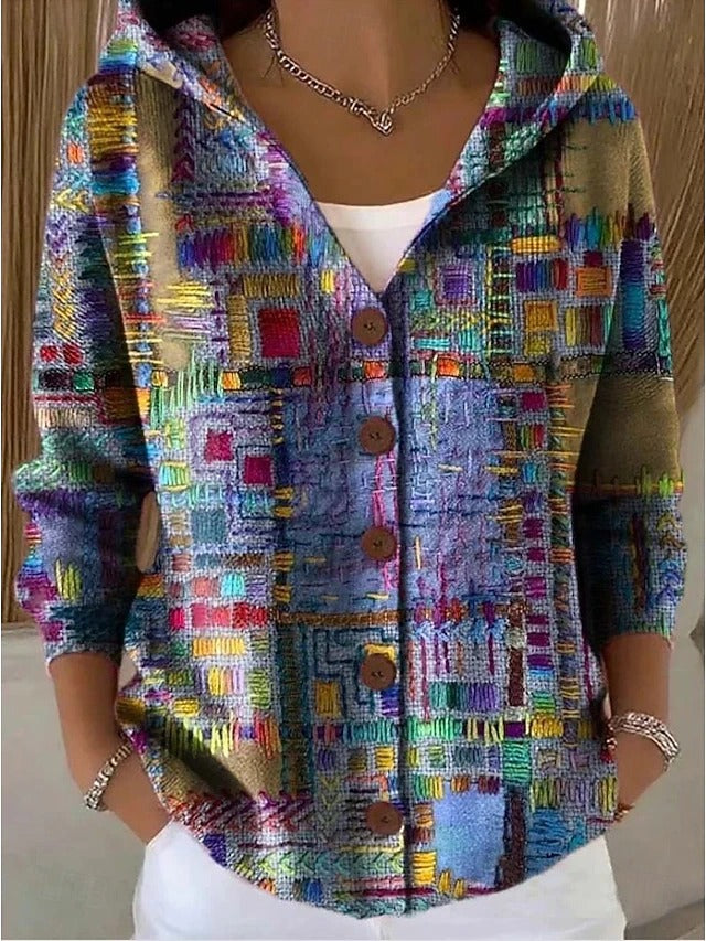 Elegant women's hooded button-front knit sweater, perfect for casual chic layering in fall fashion.