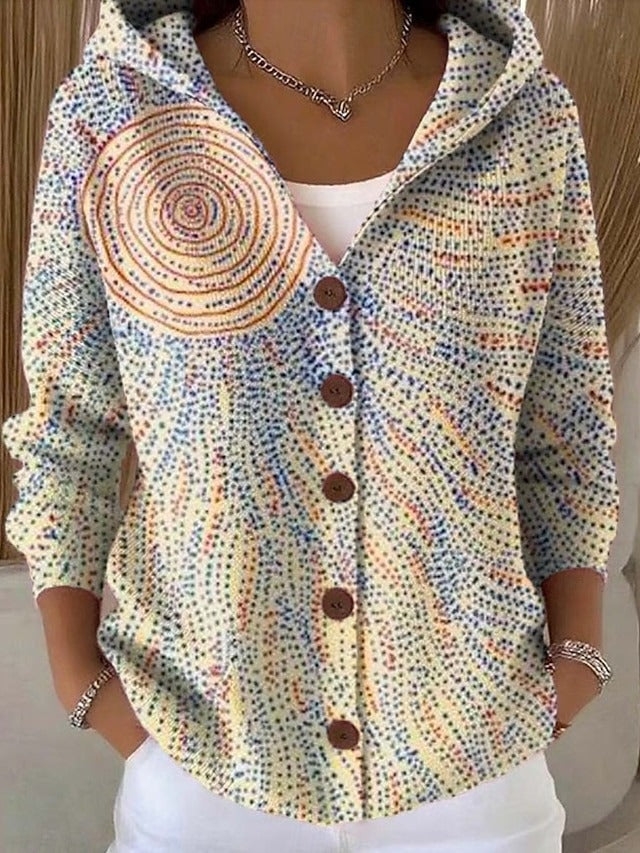 Warm women's hooded button-front knit sweater, cozy long-sleeve knitwear for winter and fall.