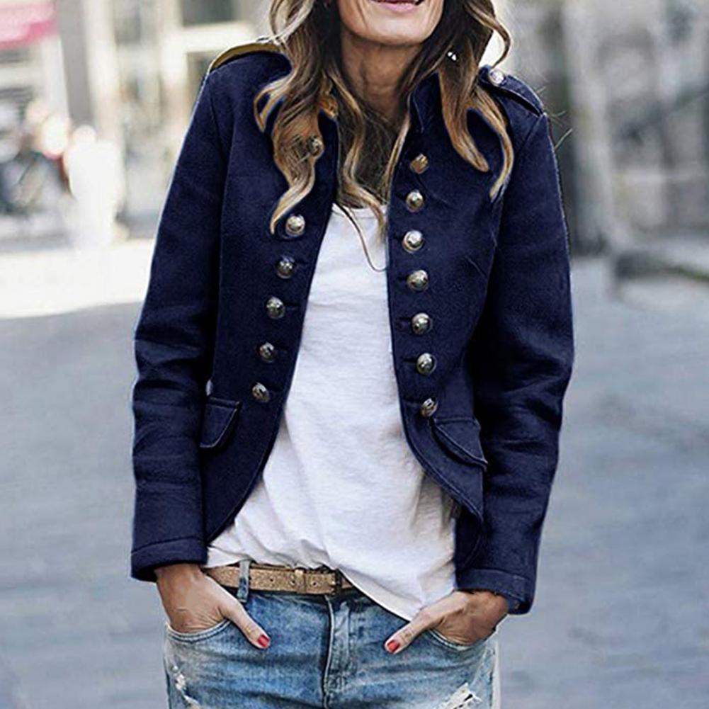 Elegant women's military-inspired jacket featuring a stylish stand collar and utility pockets.