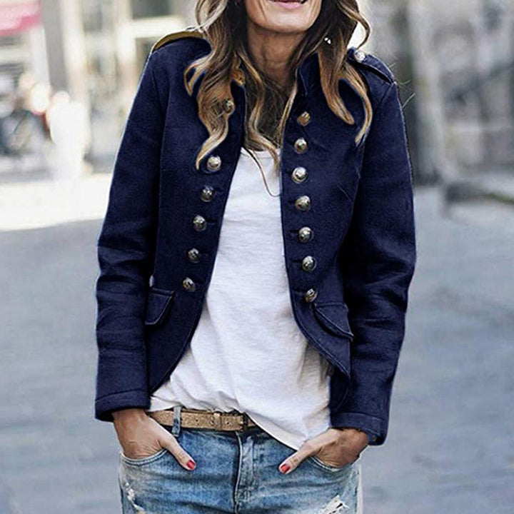 Elegant women's military-inspired jacket featuring a stylish stand collar and utility pockets.