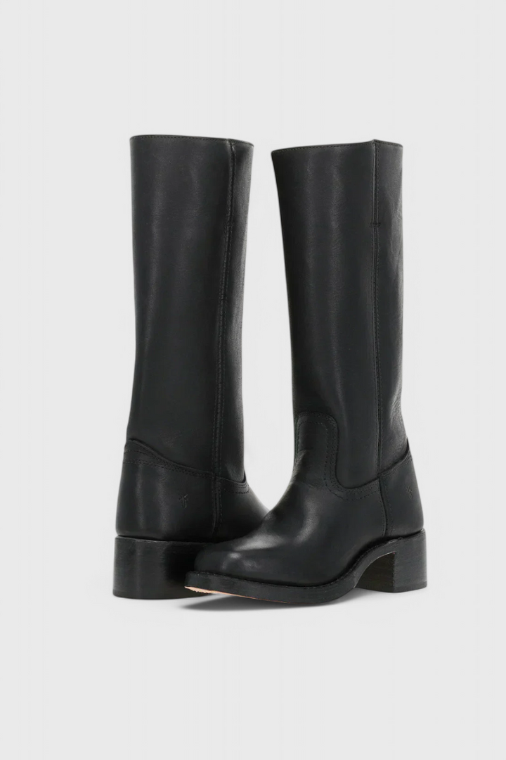 Classic black knee-high heeled boots for women, offering an elegant and comfortable style.
