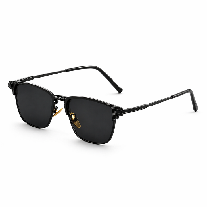 Fashionable men's square frame sunglasses. Dark lenses, elegant metal trim. Essential accessory for sun.