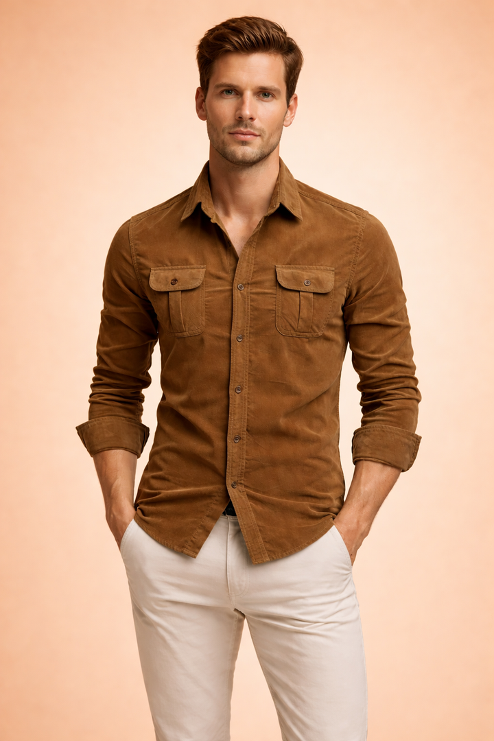 Men's versatile long sleeve button-front shirt. Casual everyday wear, timeless style with chest pockets.
