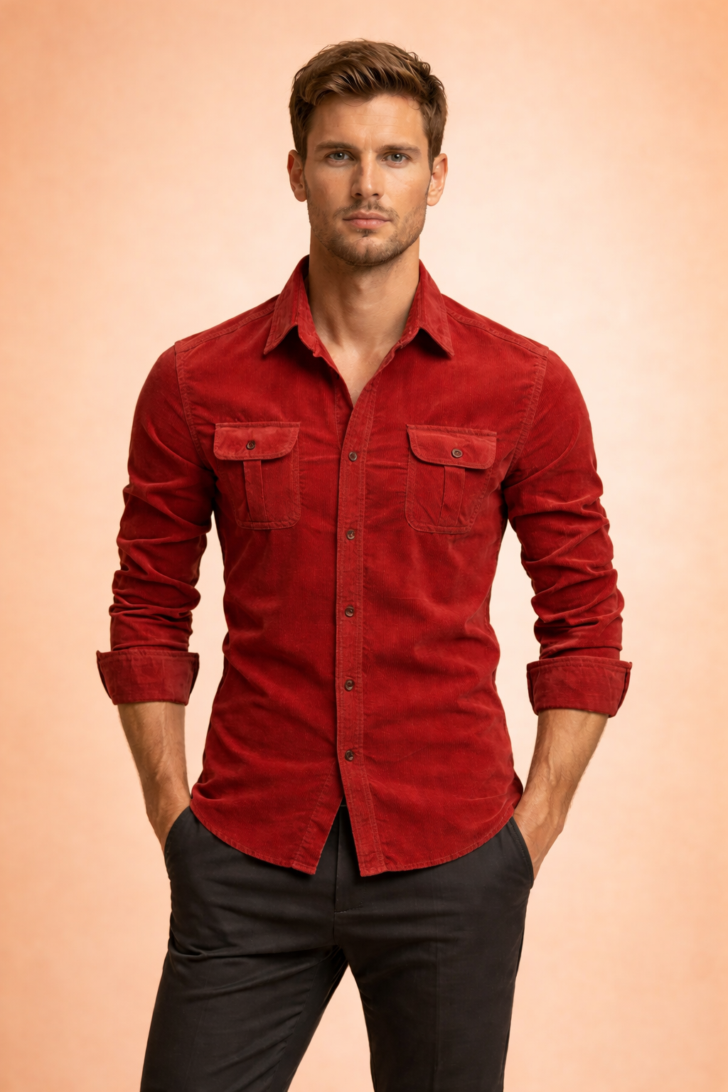 Detail shot: Men's long sleeve button-front shirt, showcasing chest pockets and quality tailoring.