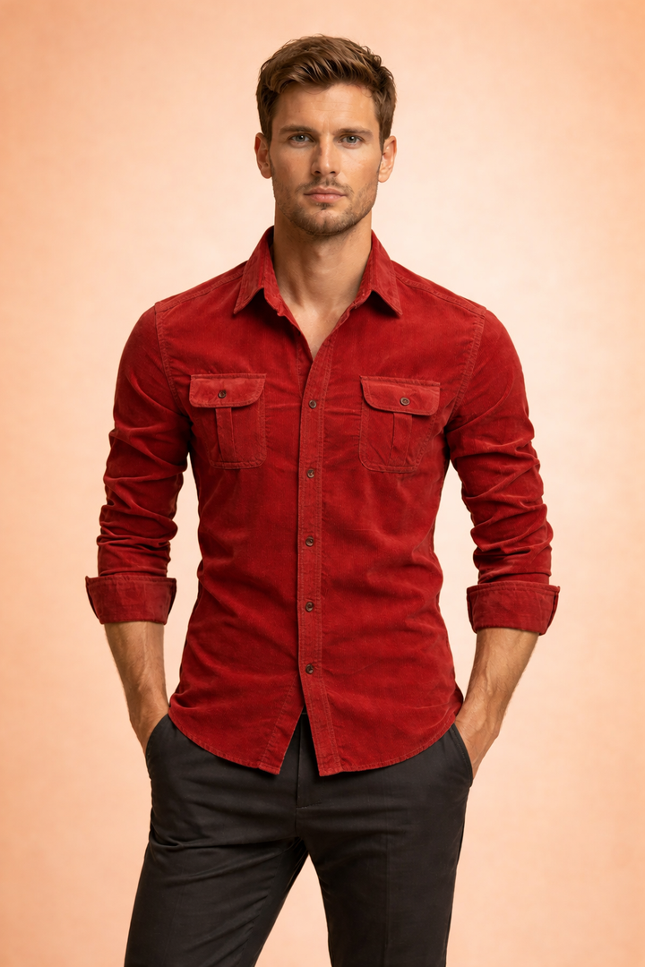 Detail shot: Men's long sleeve button-front shirt, showcasing chest pockets and quality tailoring.