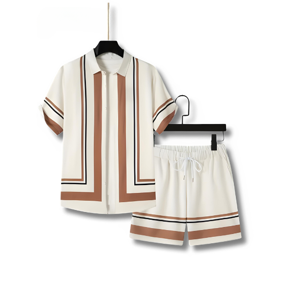 Men's striped summer co-ord set with a short sleeve button shirt and matching drawstring shorts for casual wear.