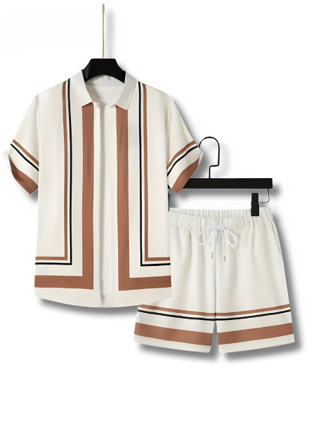 Stylish men's striped resort wear set, a two-piece summer outfit with a casual shirt & drawstring shorts.