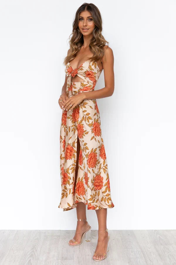 Stylish women's elegant midi dress, a sophisticated choice for special occasions, evening parties & wedding guests.