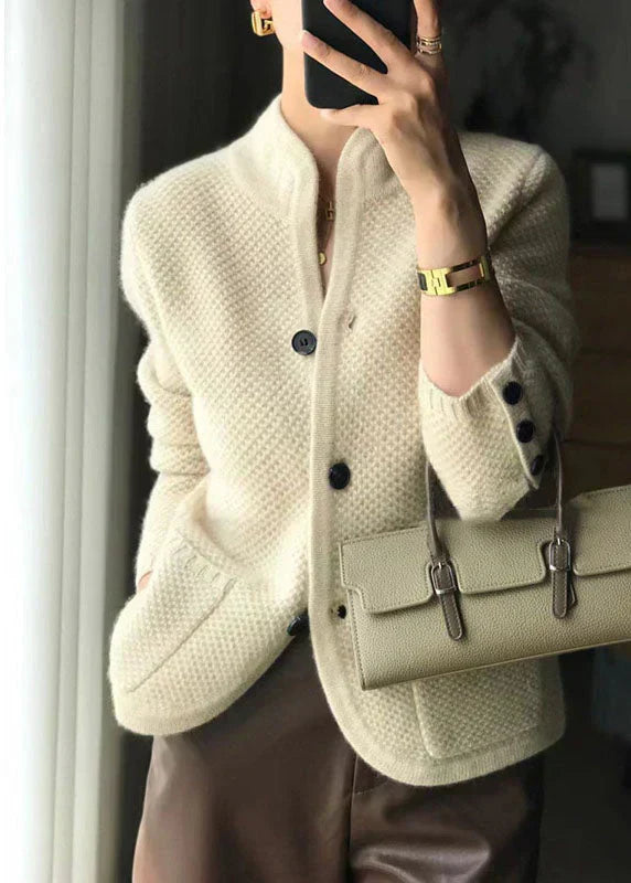 Chic women's button-front cardigan, a versatile layering piece with a stylish stand collar for autumn/winter.