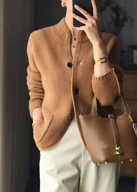 Cozy women's fashion cardigan with a luxurious feel & stylish stand collar, a warm and elegant layering piece.