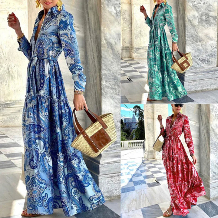 Chic women's collared maxi dress with full button-front, long sleeves. Ideal elegant casual wear for spring & summer.