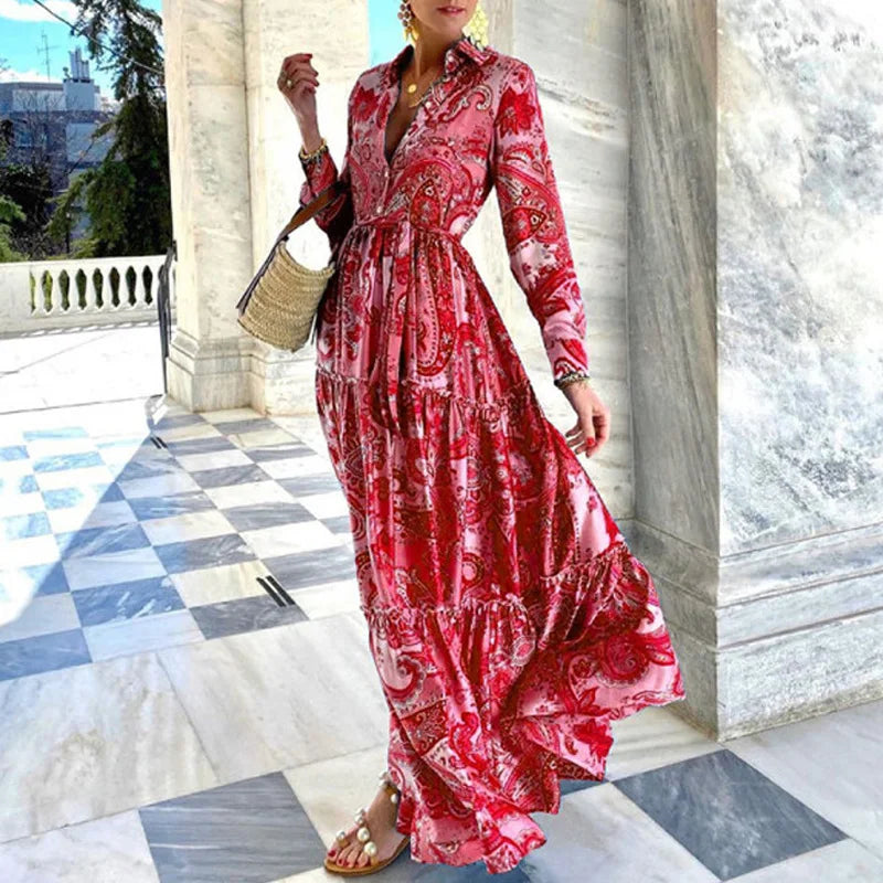 Flowy long sleeve button-front maxi dress for women, offering a comfortable loose fit. Elegant and versatile for daily wear.