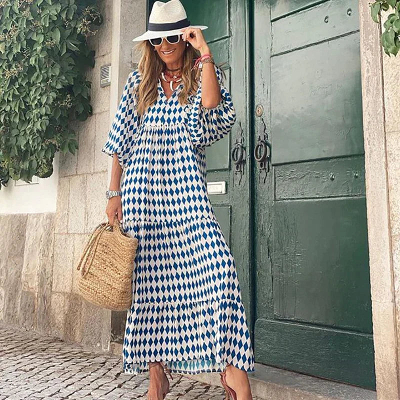 Women's comfortable boho maxi dress. Elegant design with puff sleeves & V-neck. Versatile for summer, holidays, or casual.