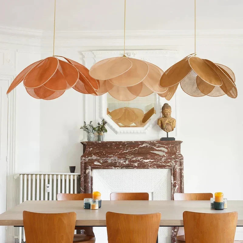 Natural design flower pendant light fixture, ideal for creating a warm, elegant ambiance in dining rooms or kitchens.
