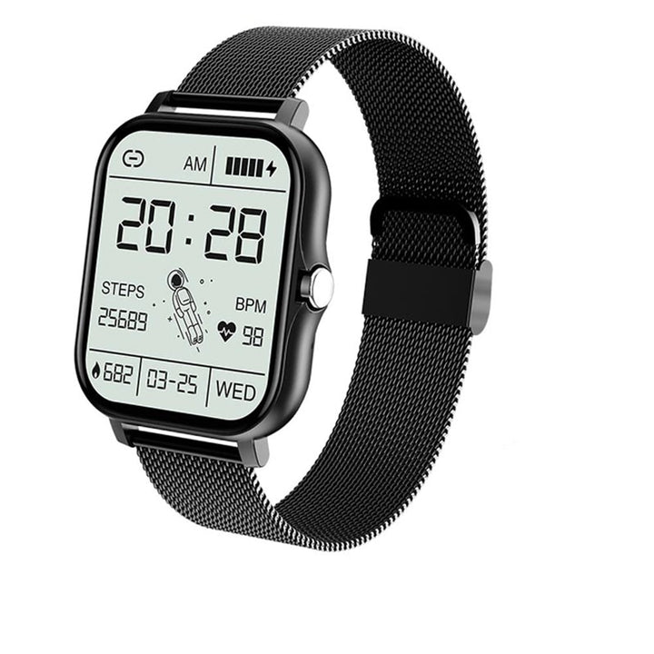 Person reviewing health data on a unisex smartwatch, showcasing its fitness tracker and communication features.