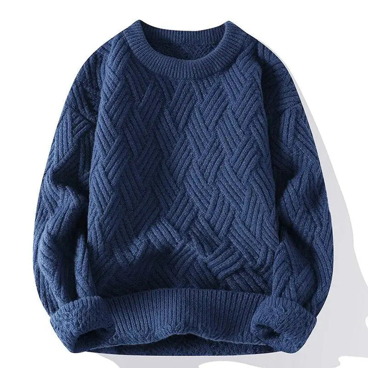 Men's long sleeve patterned crewneck sweater with a comfortable relaxed fit.