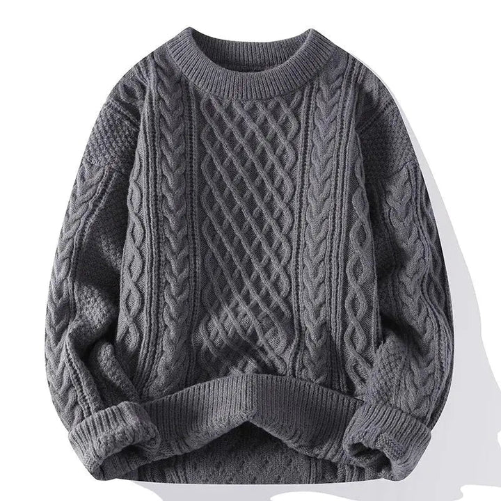 Men's crewneck sweater with intricate pattern, soft textured knit, ideal for layering.