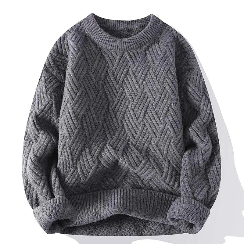 Men's patterned crewneck sweater, textured knit & long sleeve, stylish winter fashion.