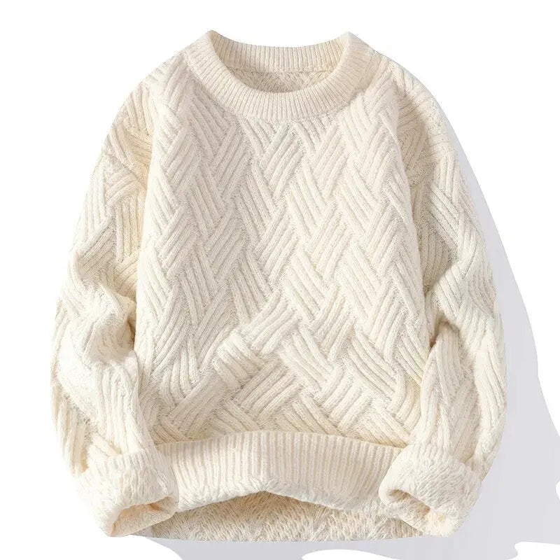 Textured knit men's crewneck sweater, patterned design for a cozy, stylish look.