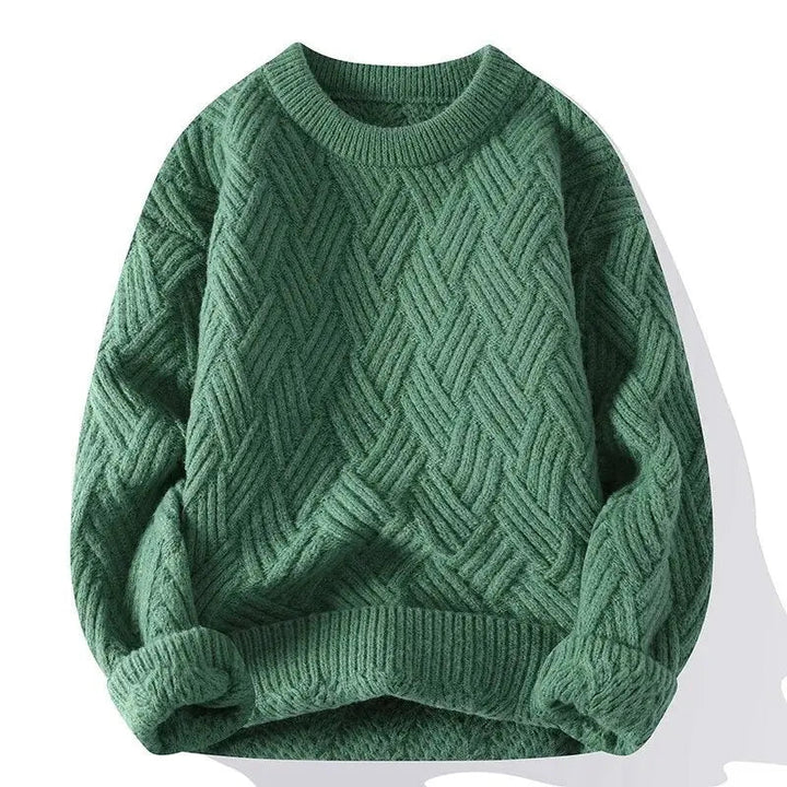 Modern men's patterned crewneck sweater, an essential cozy layering piece for winter.