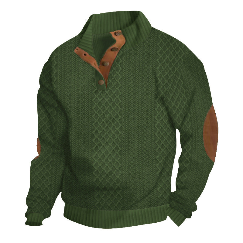 Stylish men's cable knit mock neck sweater with button placket & elbow patches. Ideal for versatile autumn style.