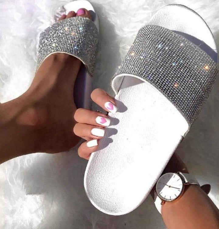 Women's sparkling crystal embellished slides sandals, comfortable summer footwear.