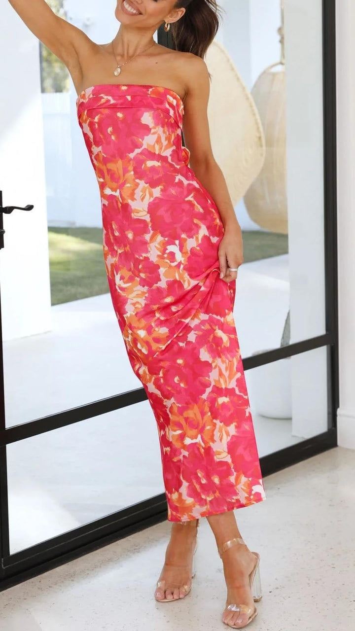 Versatile strapless floral midi dress for women, an elegant party & evening fashion piece.