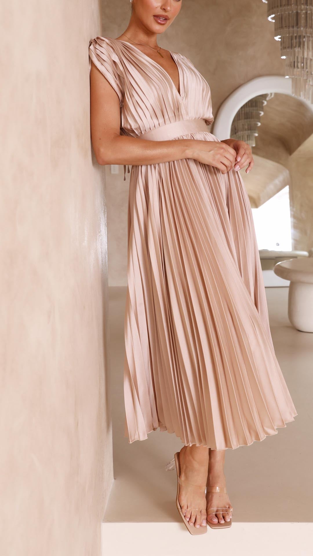 Pleated maxi dress, women's chic fashion, elegant and versatile.