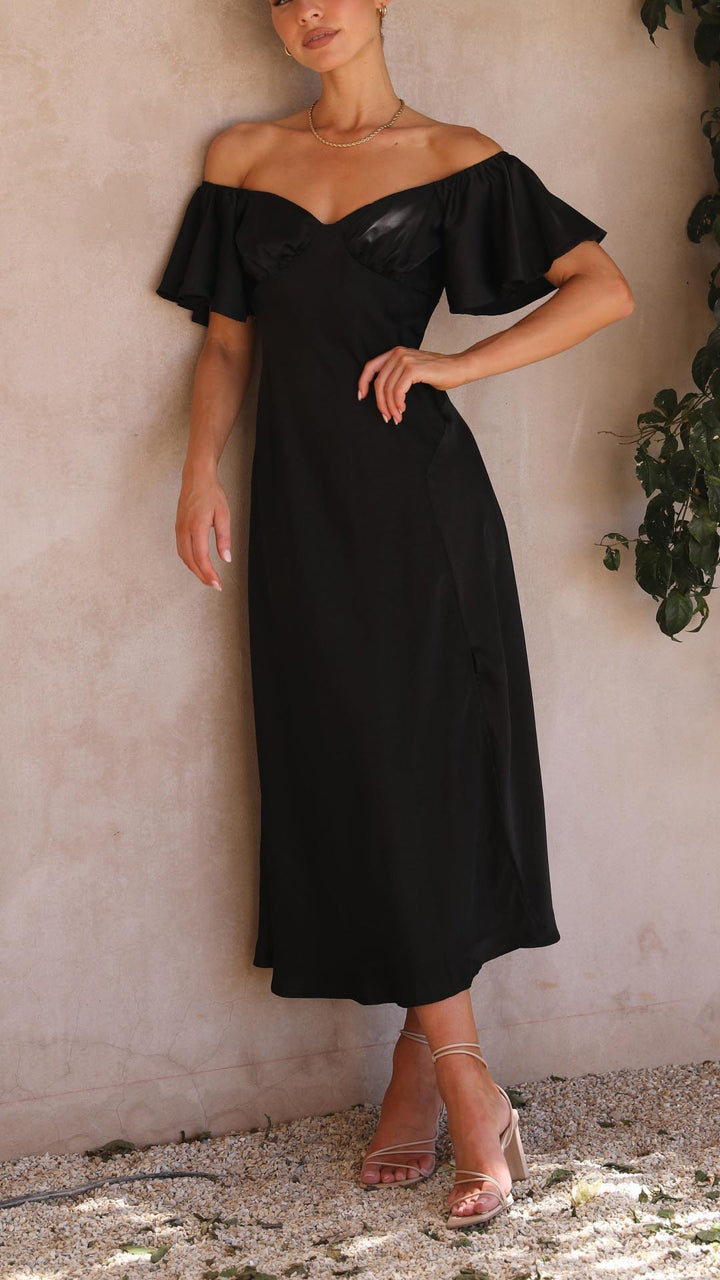 Party-ready women's off-shoulder maxi dress, featuring stylish butterfly sleeves and a long cut.