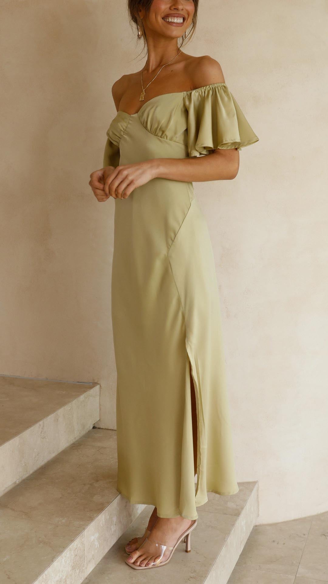 Sophisticated women's off-shoulder maxi dress with beautiful butterfly sleeves for special events.