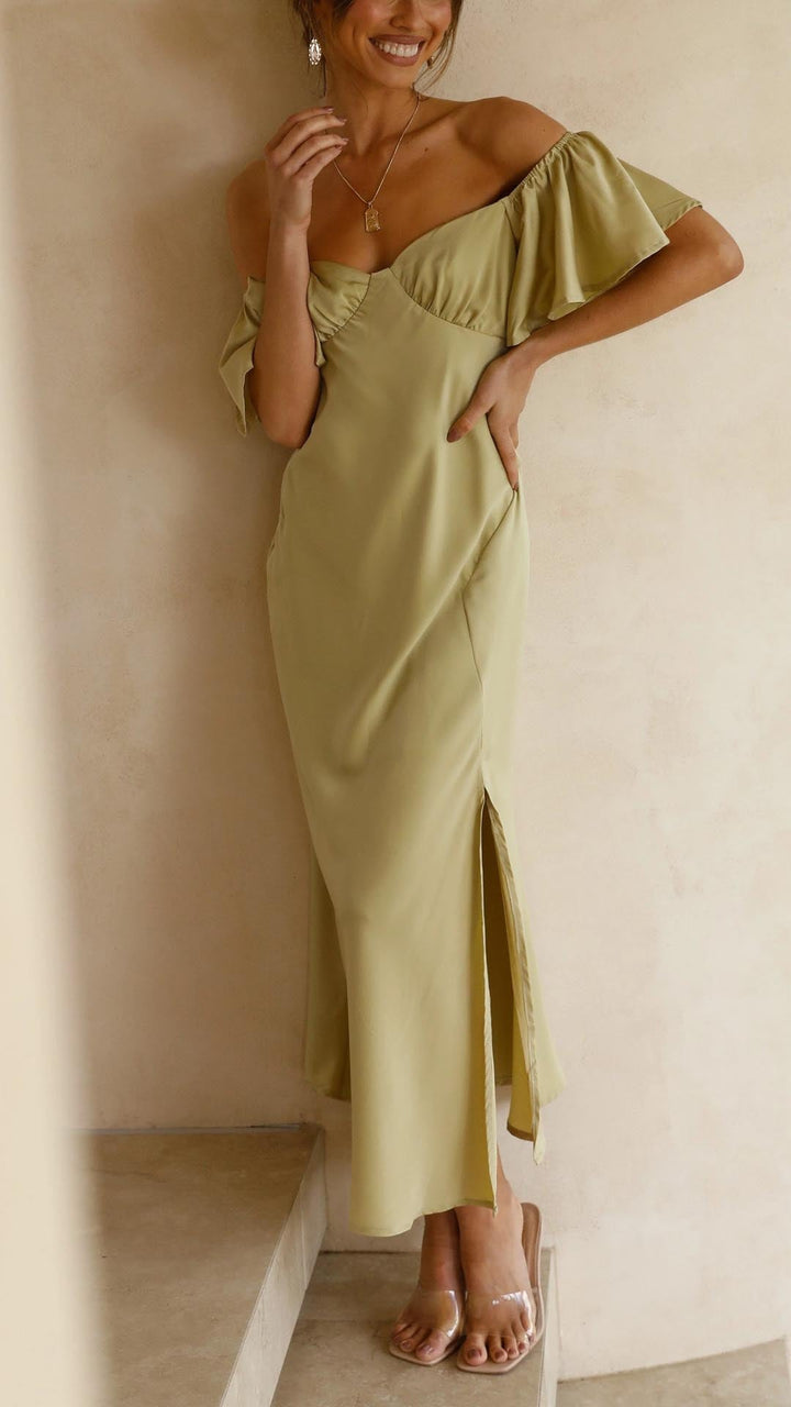 Women's elegant off-shoulder maxi dress with graceful butterfly sleeves, perfect evening attire.