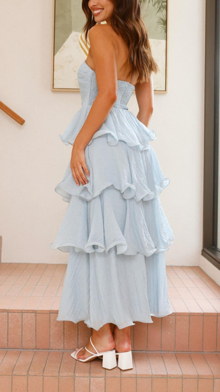 Green women's tiered ruffle maxi dress, a chic strapless option for special occasion or party.