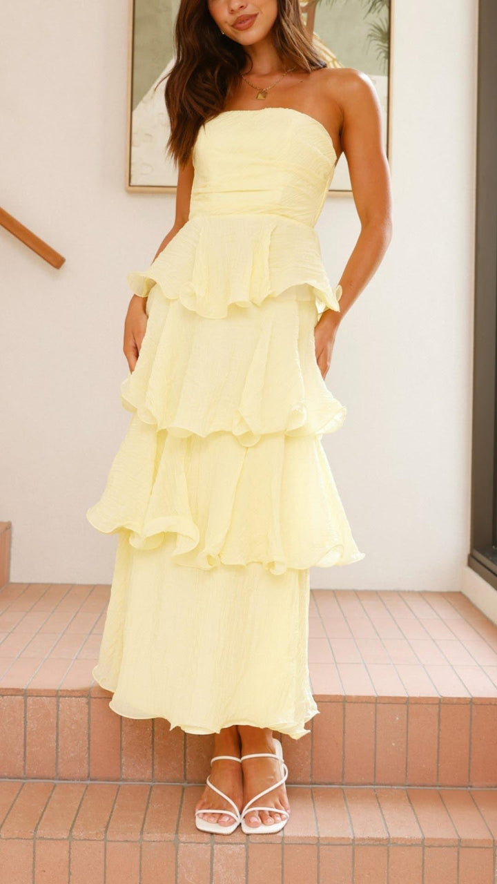 Elegant women's tiered ruffle maxi dress, perfect for formal events & summer parties.