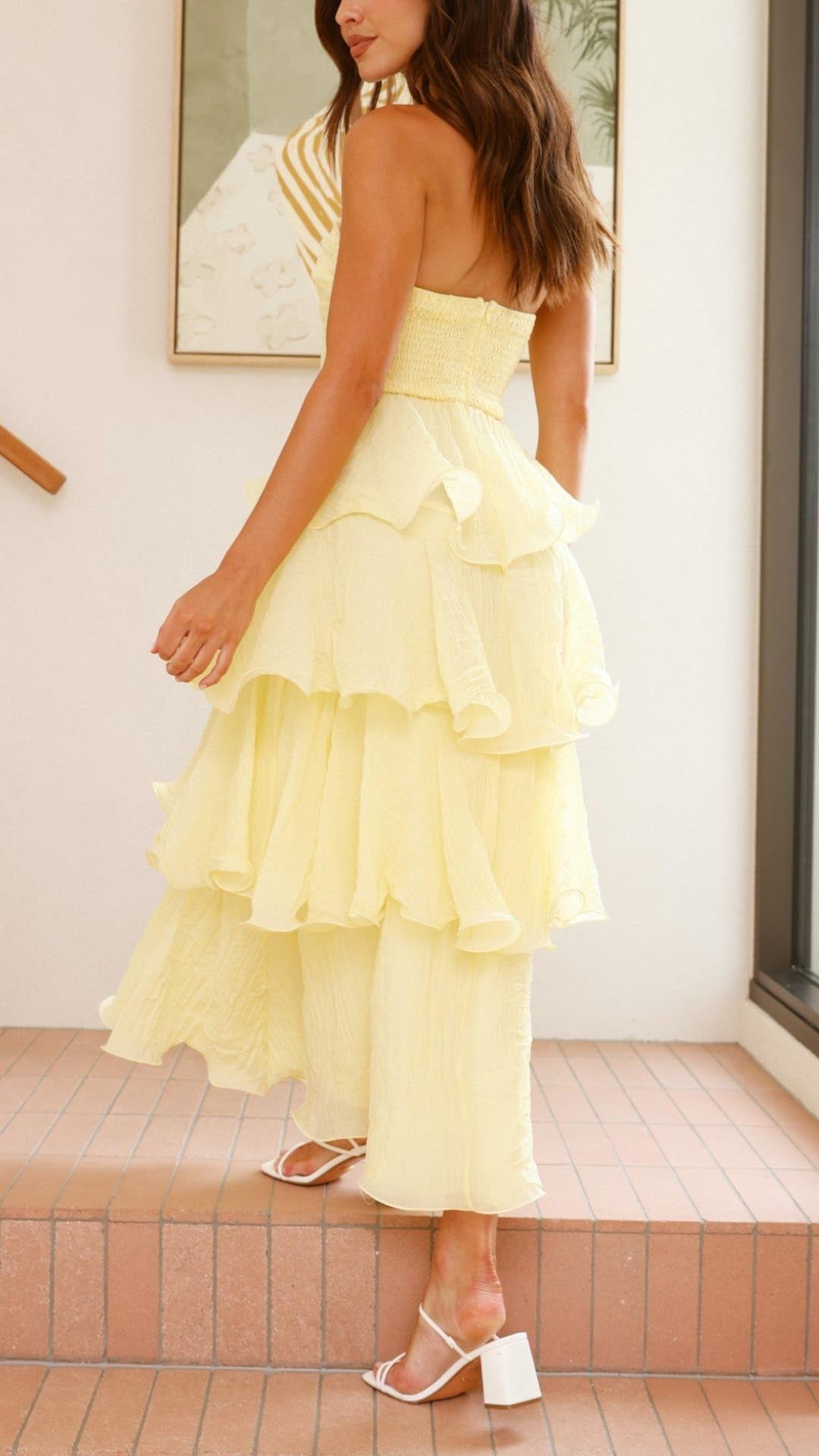 Women's elegant party maxi dress with tiered ruffles, suitable for special occasions & formal wear.