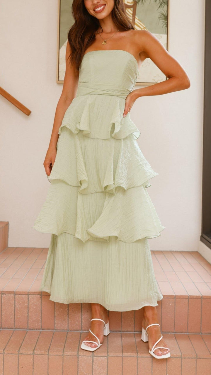 Women's tiered ruffle maxi dress for formal evening wear, summer party or wedding guest.
