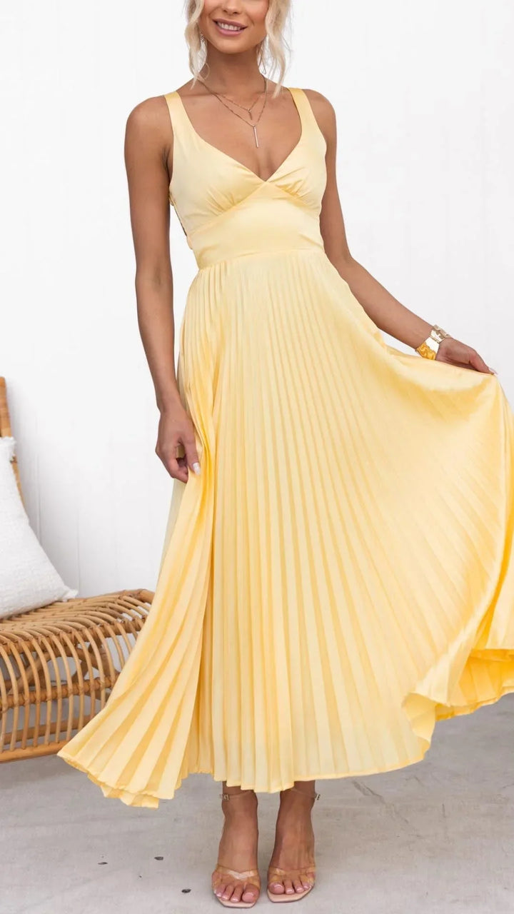 Elegant yellow pleated V-neck maxi dress for women, perfect for summer parties and formal occasions.