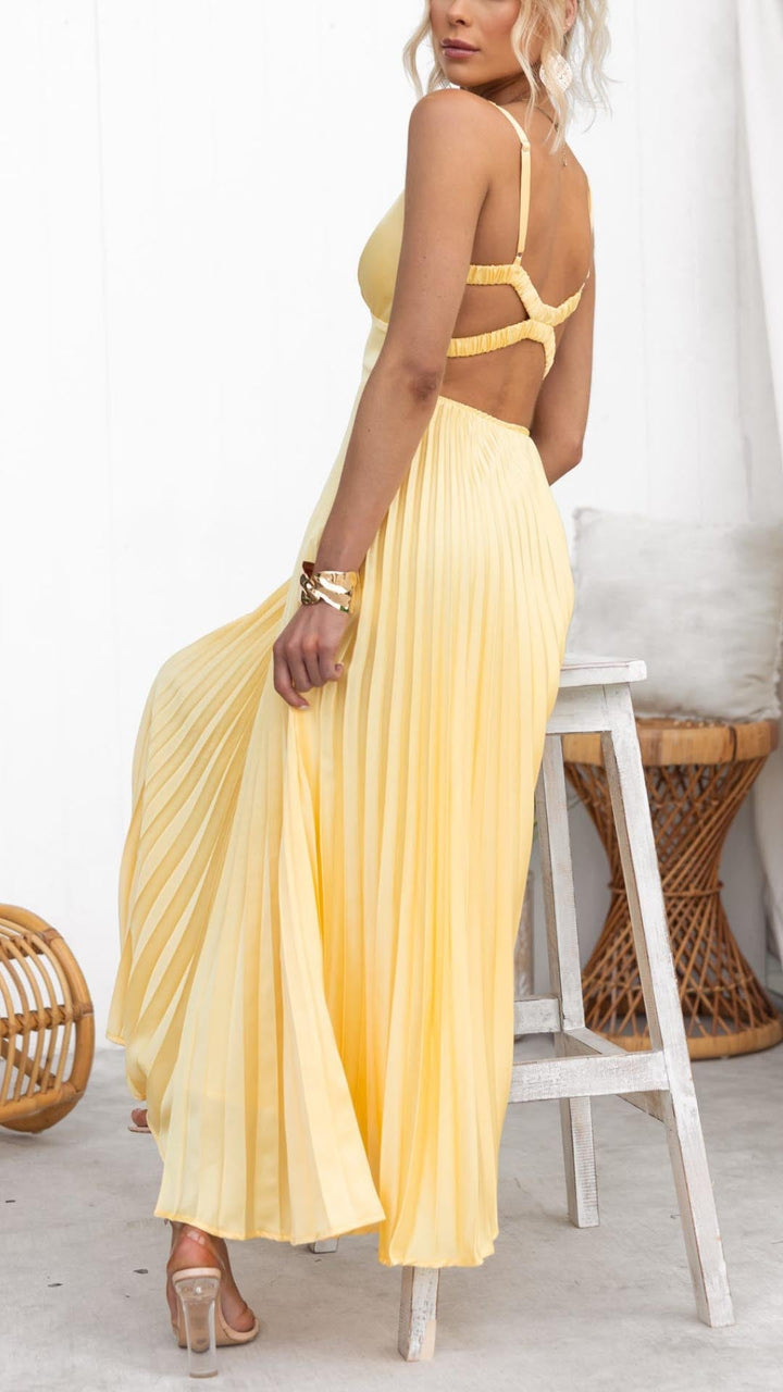 Beautiful gold pleated V-neck maxi dress, flowy and comfortable, great for women's summer parties & vacations.