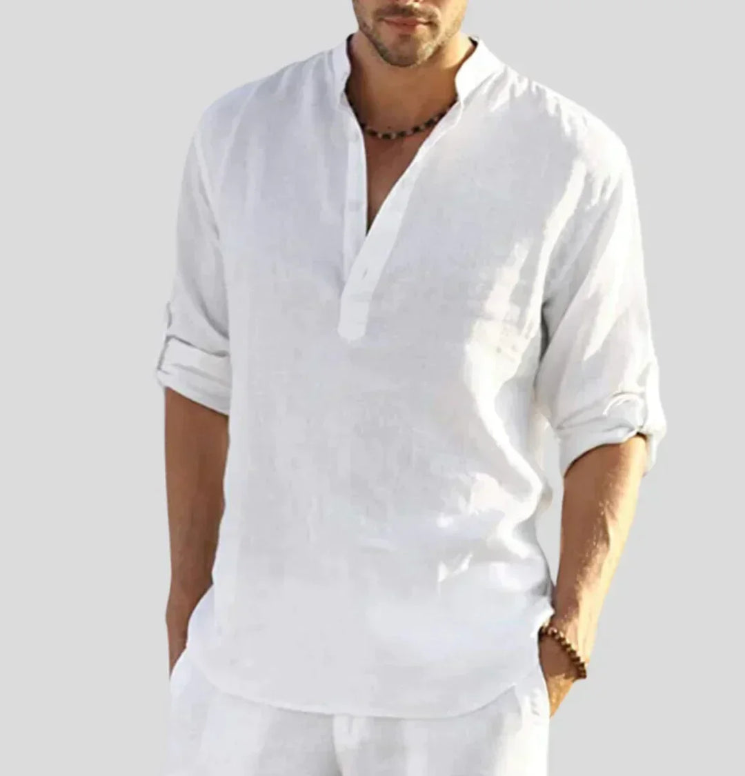 Men's elegant versatile button-up shirt in classic white, perfect for casual or smart-casual spring/summer outfits.