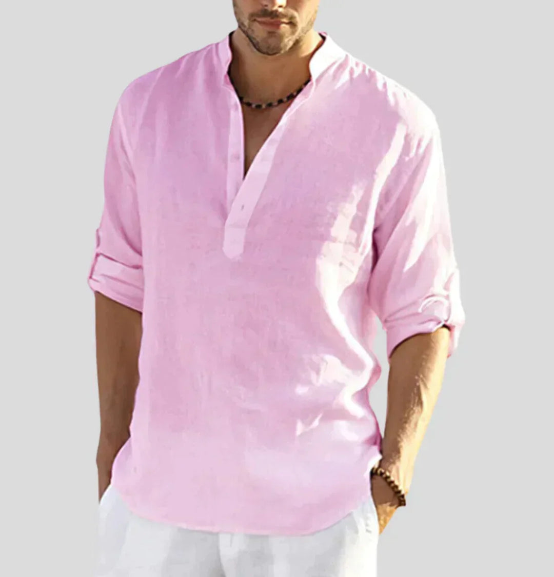 Crisp white men's long-sleeve button-up shirt. An elegant, versatile, and comfortable classic for year-round wear.