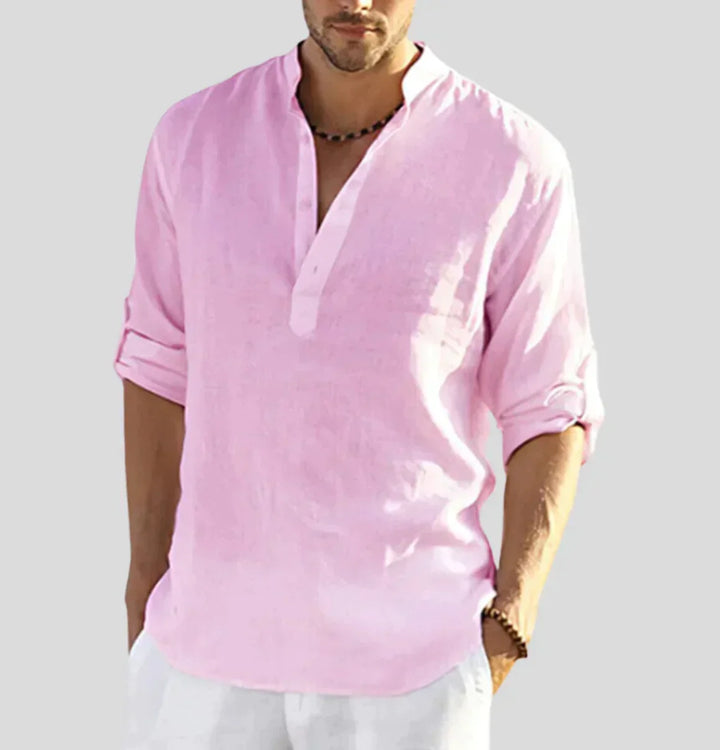 Crisp white men's long-sleeve button-up shirt. An elegant, versatile, and comfortable classic for year-round wear.