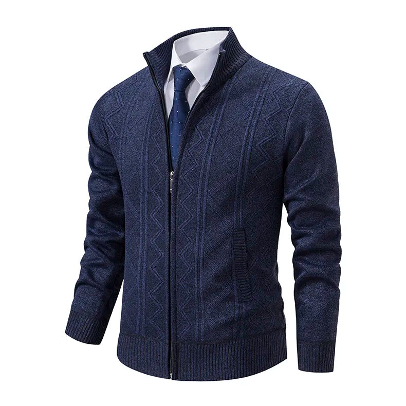 Men's zip-up cardigan sweater in a comfortable knit. Perfect for casual men's fashion & winter layering.