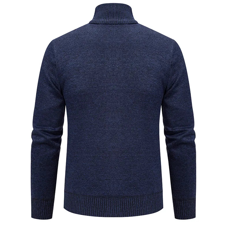 Stylish men's zip-up cardigan sweater with a stand collar. Soft knitwear for modern comfort & winter warmth.