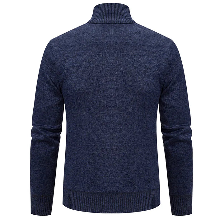 Stylish men's zip-up cardigan sweater with a stand collar. Soft knitwear for modern comfort & winter warmth.