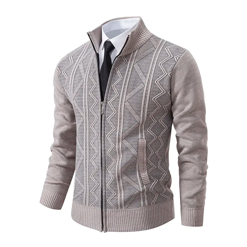 Close-up of men's knit zip-up cardigan sweater with practical front pockets. Casual, cozy winterwear.