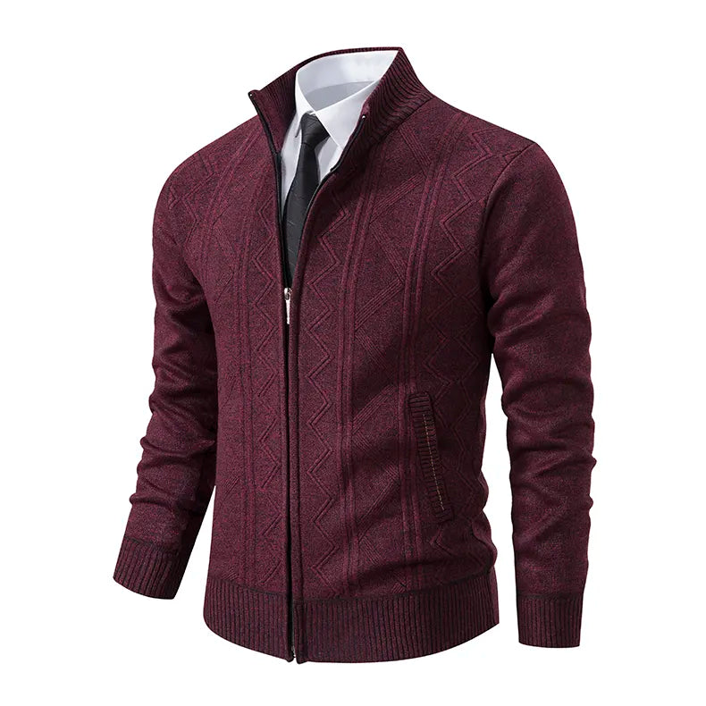 Man wearing a stylish zip-up cardigan sweater for a modern, casual men's fashion look. Ideal winterwear.