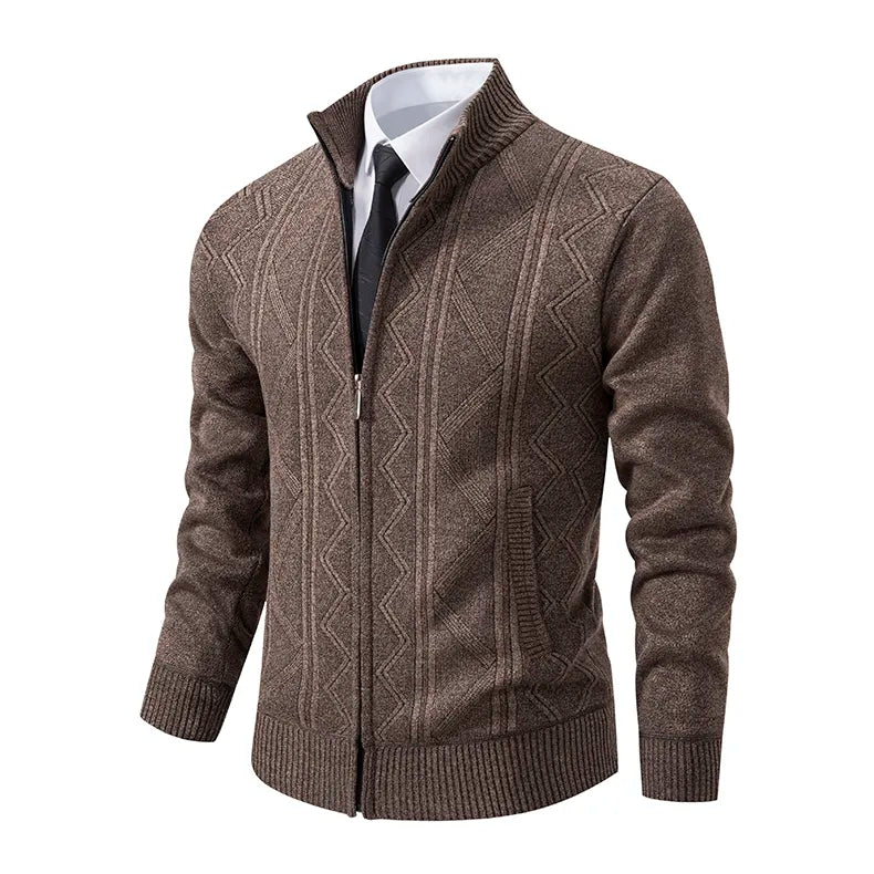 Men's zip-up cardigan sweater layered over a shirt. Versatile knitwear for casual men's fashion.