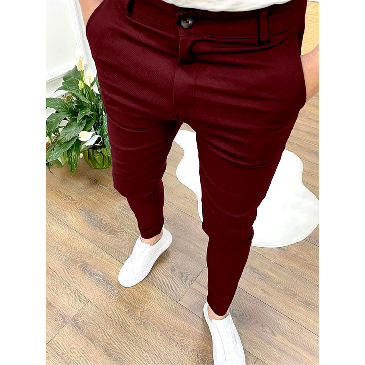 Modern men's casual chino trousers, featuring a comfortable stretch fabric for all-day wear.