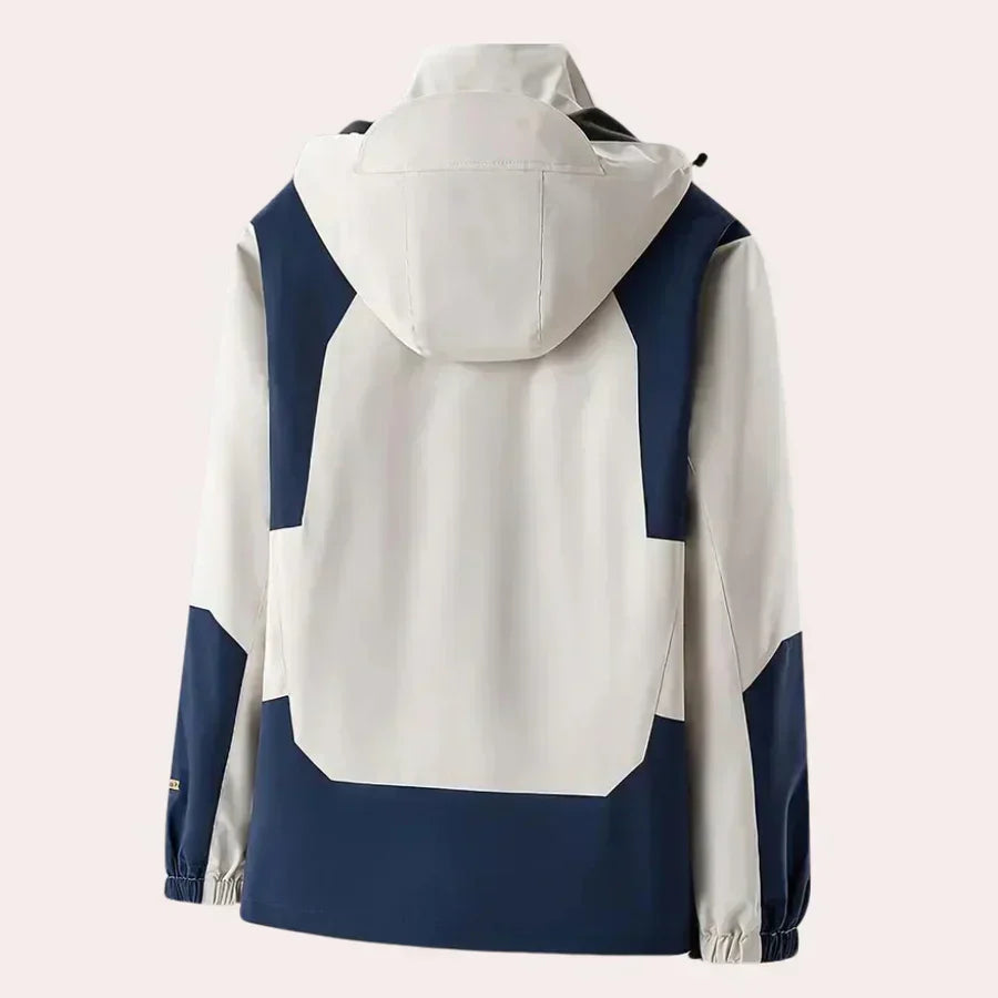 Lightweight men's hooded rain jacket, ideal for casual wear in transitional spring and fall weather. Waterproof outerwear.