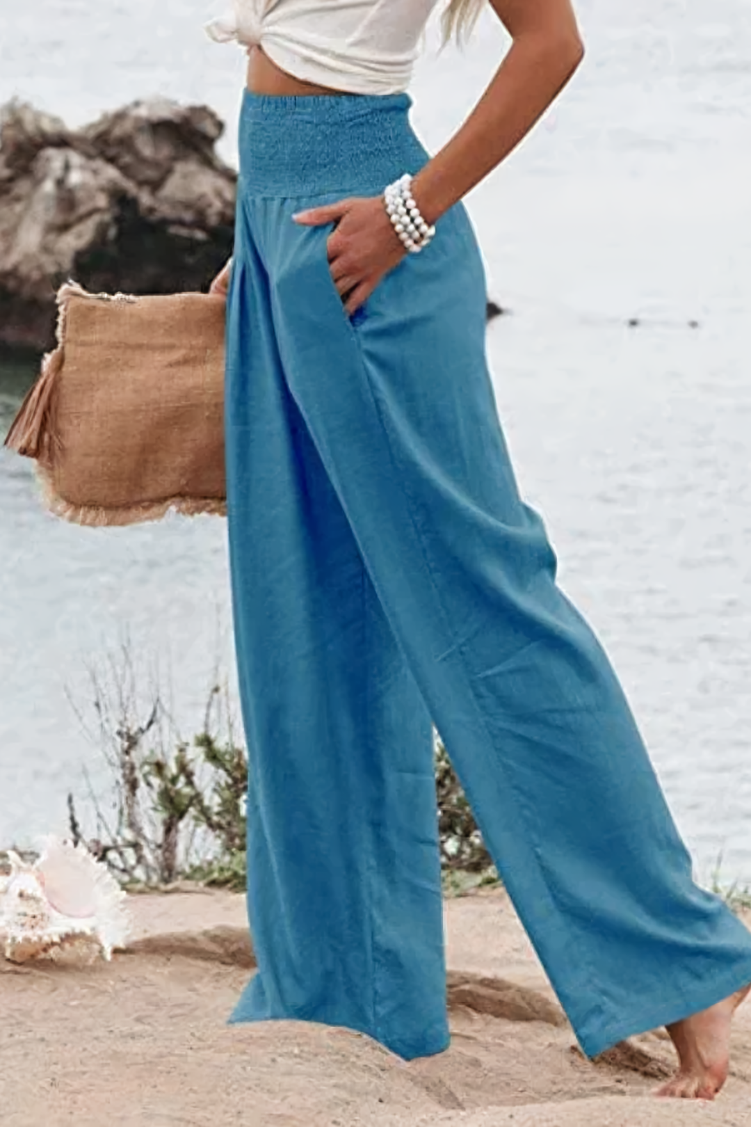 Versatile women's wide-leg palazzo pants, great for summer casual outfits or dressed-up elegant fashion.