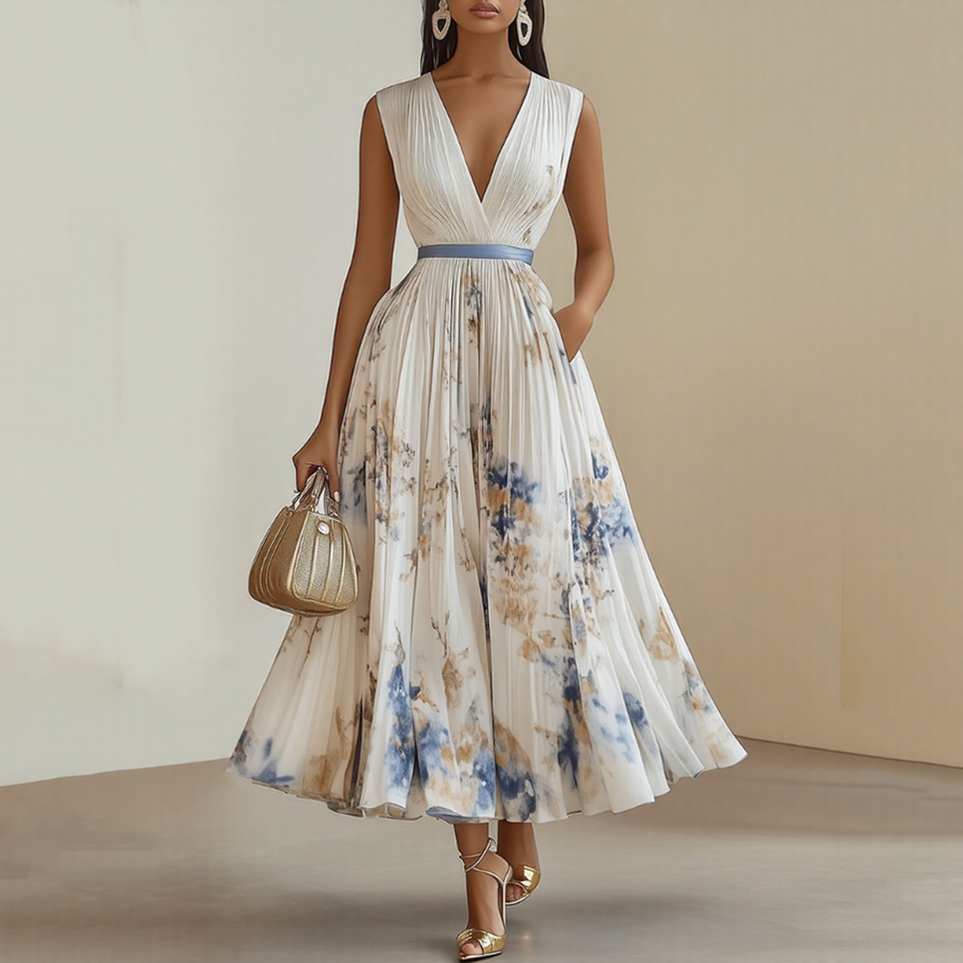 Blue elegant V-neck sleeveless midi dress. Perfect for summer events. Flowy and flattering design.